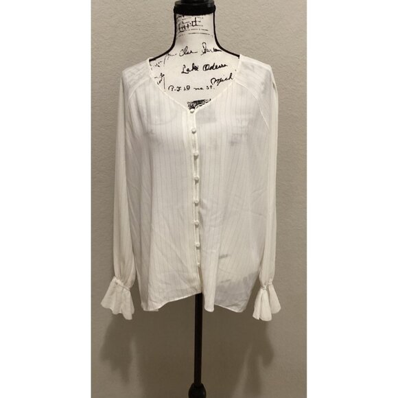 Rose + Olive White Long Sleeve Button-Front Blouse W/ Ruffle Cuffs & Pinstripe - Picture 1 of 5